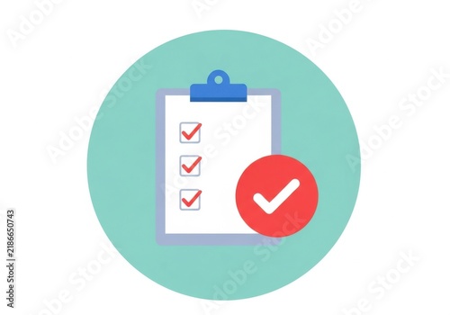 Checklist icon with a large red checkmark on a clipboard