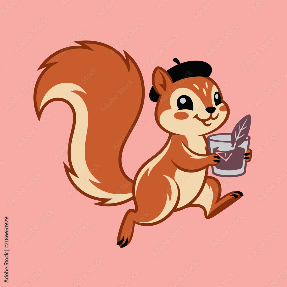 Fototapeta premium Cute Squirrel Artist with Beret and Ink Pot.