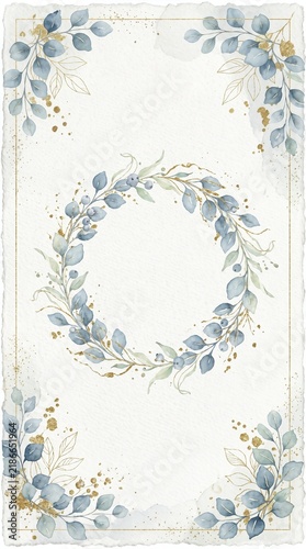 Blue and green watercolor botanical wreath with golden leaves and berries on a white textured paper background, vertical frame for wedding invitations