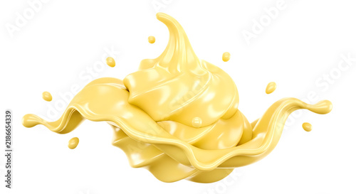 A dynamic splash of creamy yellow liquid or thick yogurt swirling in the air with small droplets isolated on a clean white background, for food isolated on a transparent background
