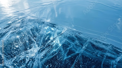 Cracked frozen lake surface with deep fissures and air bubbles trapped under thick blue transparent ice during cold winter season