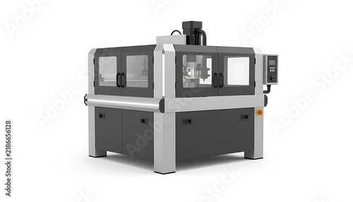A modern CNC milling machine with protective enclosure isolated on a white background.