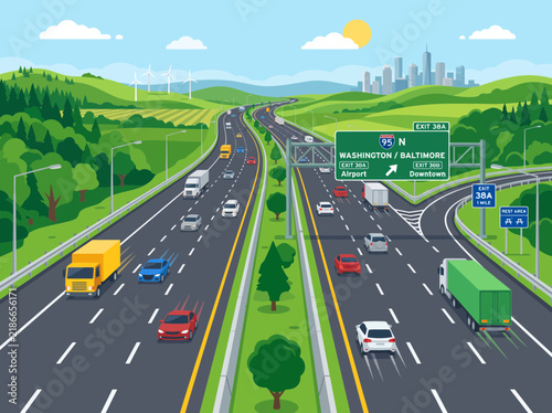 Vector illustration of a busy highway with cars and trucks driving through a green landscape.