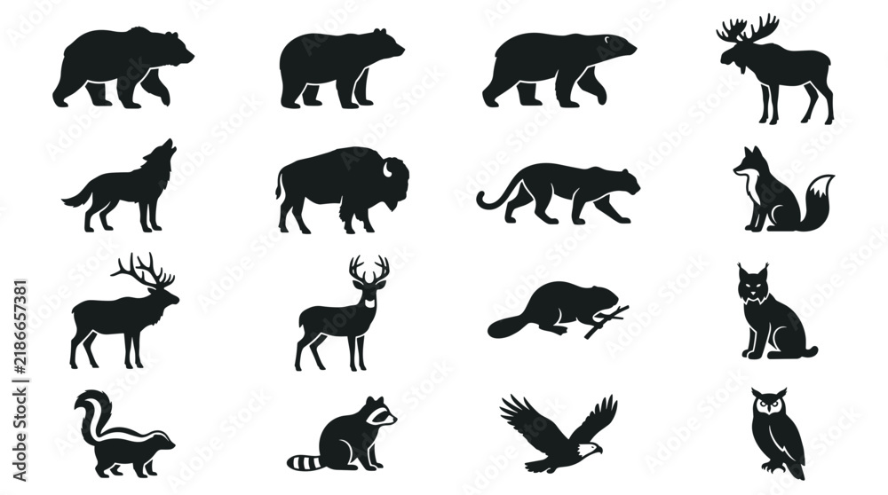 Fototapeta premium Collection of North American Wildlife Silhouettes Including Bears Wolves Deer Moose and More