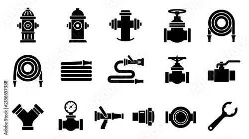 Fire Hydrant and Firefighting Equipment Icons Set Black and White