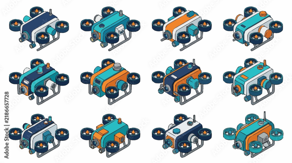 Naklejka premium Sleek Isometric of Futuristic Hexacopter Drones with Vibrant Color Schemes in Various Angles and Designs