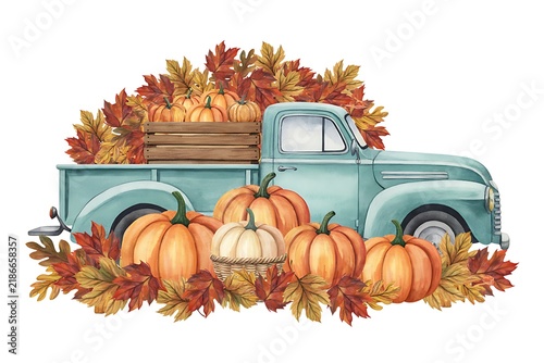 Watercolor Vintage Pickup Truck Loaded with Autumn Pumpkins and Fallen Leaves