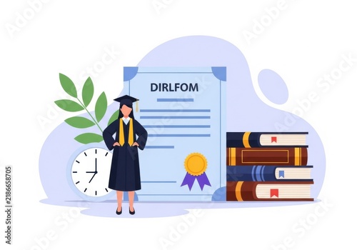 Graduate student with diploma and books representing academic achievement and education success