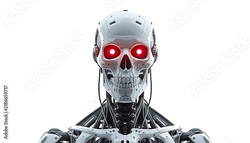 Futuristic humanoid robot skeletal design metallic skull glowing red eyes exposed mechanical components cables joints complex anatomy intimidating science fiction advanced autonomous machine