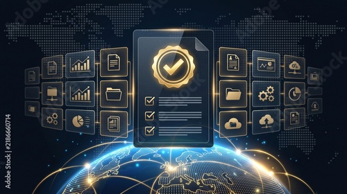 Digital document with checklist and golden checkmark over Earth