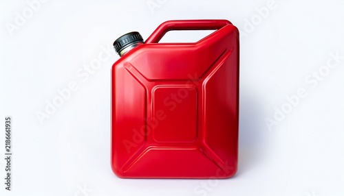 large empty red plastic gasoline jerry can with black screw cap and handle placed on plain white background for fuel storage and outdoor transportation concept