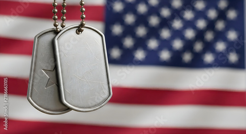 Military dog tags resting on an american flag for veterans day remembrance