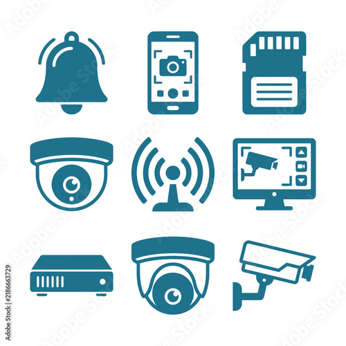 Set of security and surveillance icons including cameras, monitors, and alert symbols