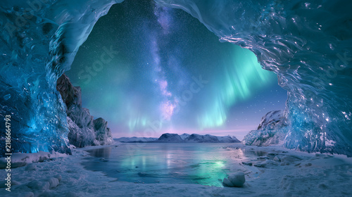 view from inside a gigantic blue glacier cave looking toward an arctic night sky illuminated by brilliant aurora borealis.