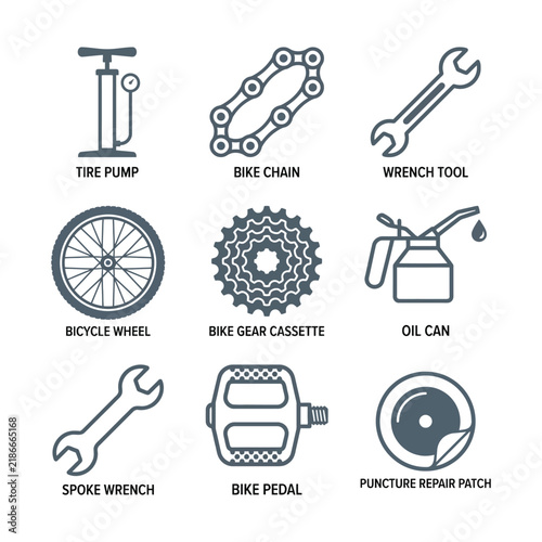 Bicycle maintenance tools and parts icons set for repair and upkeep