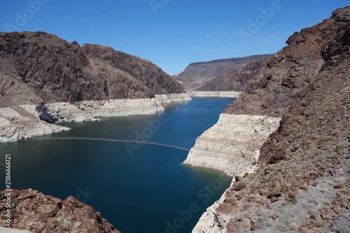 Lake Mead Reservoir with Low Water Level and White Bathtub Ring Near Hoover Dam, USA