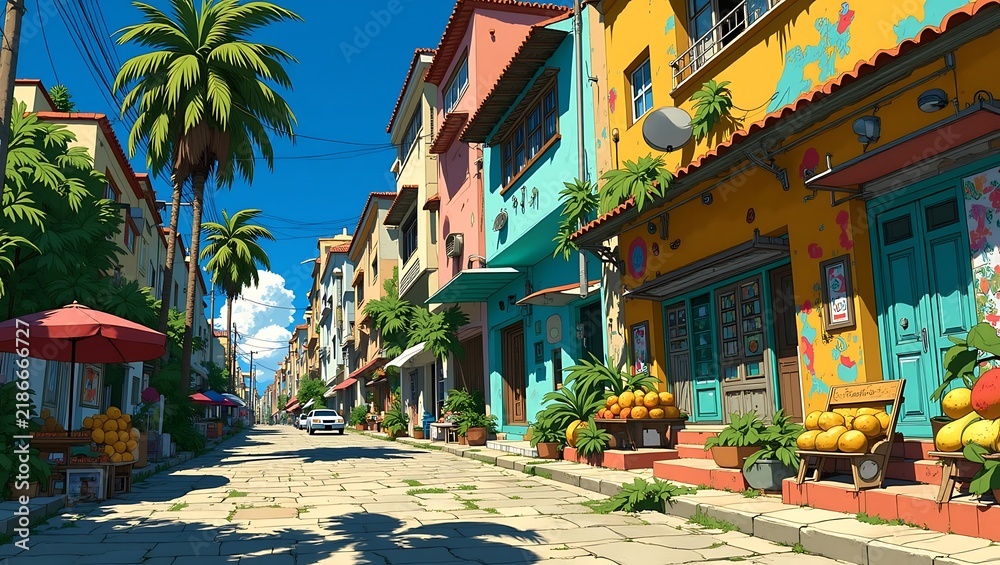 Obraz premium Vibrant Colorful Street Scene in a Tropical Town Featuring Anime Style Art with Palm Trees and Fresh Fruit Stalls