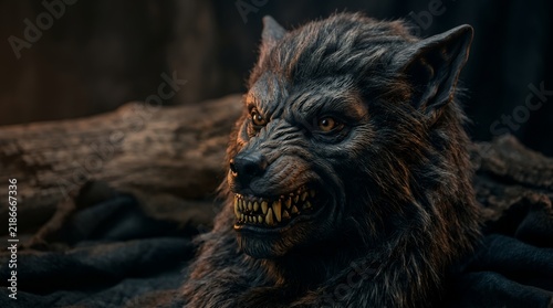 Obraz na płótnie Fierce werewolf with sharp teeth and glowing eyes in a dark forest setting.