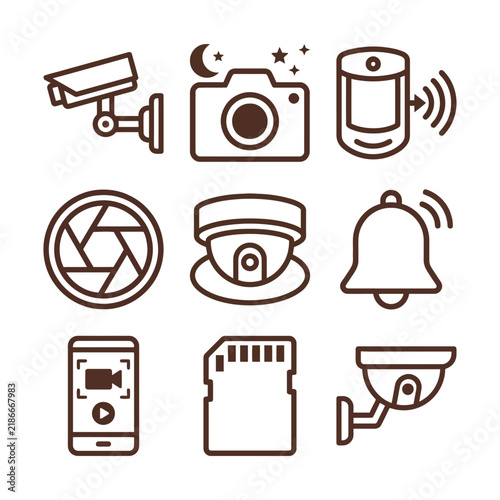 Set of security and surveillance icons including cameras, sensors, and recording devices