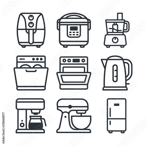 Set of kitchen appliances line icons including refrigerator, mixer, coffee maker, kettle, oven, dishwasher, blender, rice cooker, and air fryer