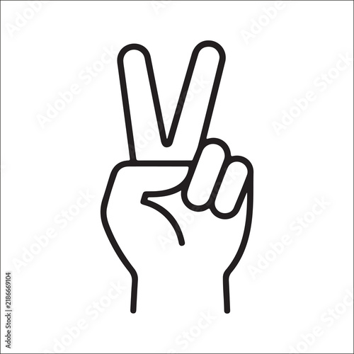 Minimalist black‑and‑white line art of a hand making a peace or victory gesture with two fingers extended, symbolizing goodwill, harmony, and triumph in a stylized design