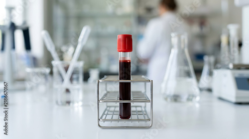 Laboratory experiment with blood sample in test tube amidst scientific glassware and equipment in a modern research setting