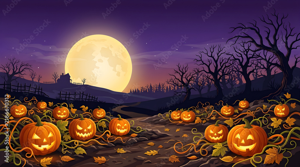 Fototapeta premium Spooky Halloween pumpkin patch at twilight with glowing jack-o-lanterns under a full moon illustration