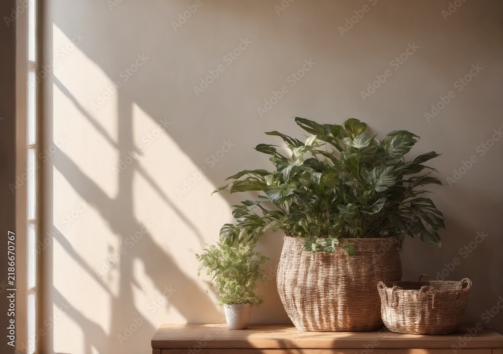 Fototapeta premium Potted plant with dramatic shadow on sunlit wall