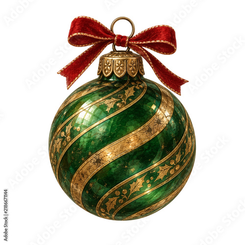 Vintage Green and Gold Swirl Christmas Ball Ornament with Holly Illustration, White Background