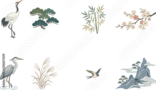 Traditional Oriental Asian Landscape Crane Heron and Botanical Elements Set
