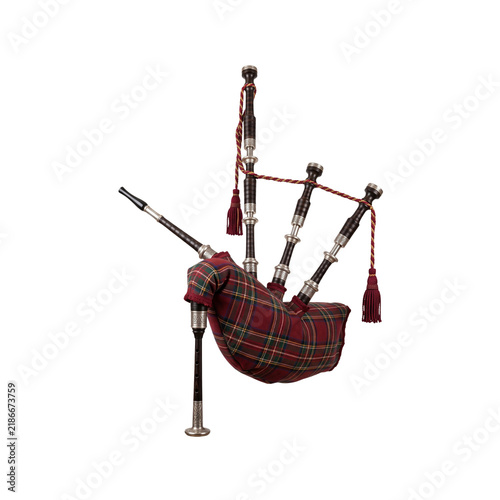 Traditional Scottish Bagpipes Isolated with Red Tartan Bag, Wooden Pipes, Silver Details, Braided Cord and Decorative Tassels