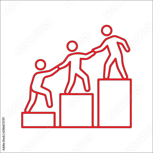 Minimalist black‑and‑white line art of three human figures standing on ascending blocks, helping each other climb upward, symbolizing teamwork, mentorship, and collective progress in a stylized design