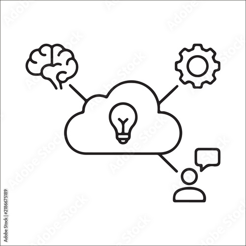Minimalist black‑and‑white line art of a cloud with a light bulb inside, connected to icons of brain, person, and gear, symbolizing brainstorming, collaboration, and innovation in a stylized design