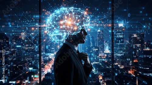 Cyberpunk character in VR headset looking over futuristic neon glowing city skyline
