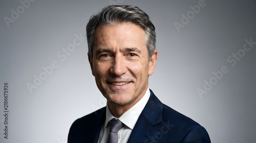 Portrait of smiling confident mature businessman in dark suit against gray background