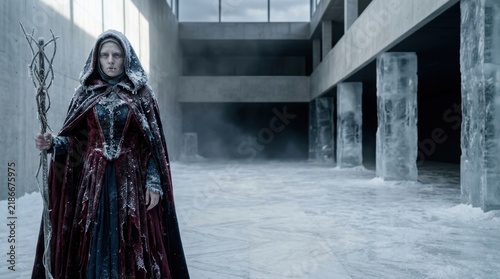 Frost-Bitten Sorceress in Tattered Velvet within Minimalist Frozen Atrium
