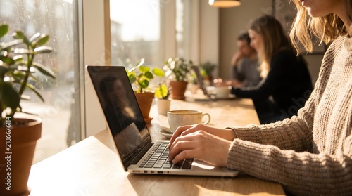 Young woman and colleague working on laptops at coffee shop table