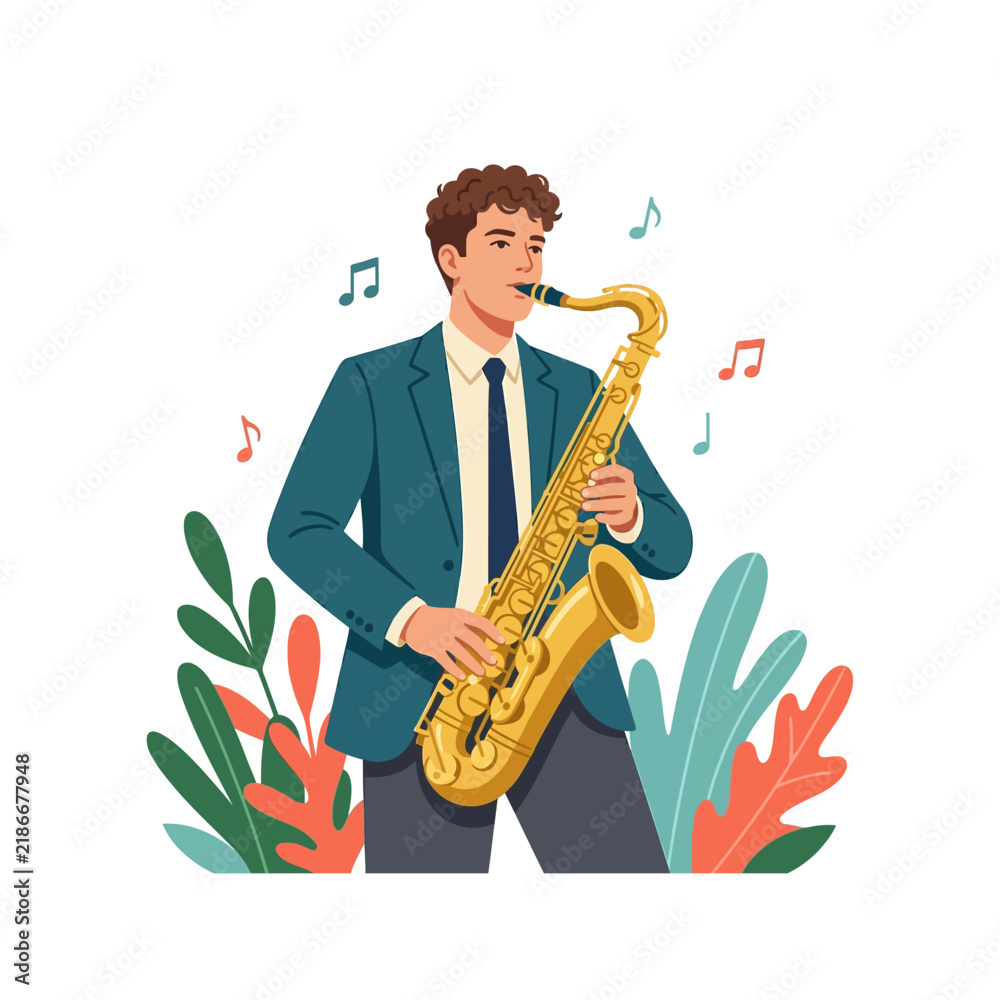 Fototapeta premium A young man dressed in a business suit playing the saxophone while surrounded by lush foliage as musical notes float through the air to symbolize the joy of learning a wind instrument for melody