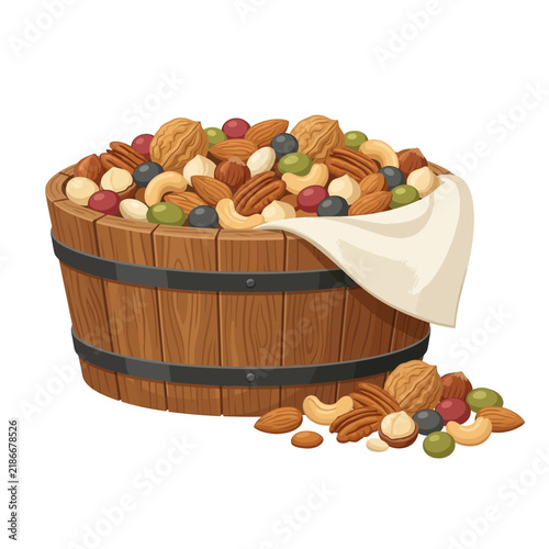 Wooden Barrel Overflowing With Various Nut Varieties Including Walnuts And Cashews Served In A Traditional Rustic Container Representing Healthy Harvest Nutrition And Wholesome Natural Food