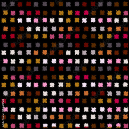 Geometric Seamless Pattern with Colorful Pixelated Squares on Black Background, Abstract Ethnic Ikat Style Grid Print for Textile Fabric and Trendy Wallpaper