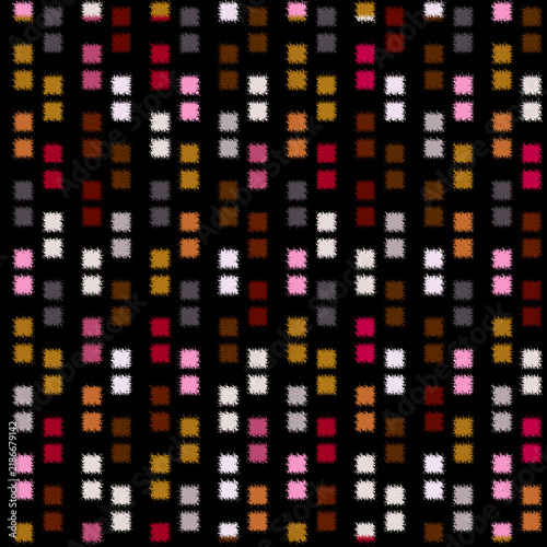 Geometric Seamless Pattern with Colorful Pixelated Squares on Black Background, Abstract Ethnic Ikat Style Grid Print for Textile Fabric and Trendy Wallpaper