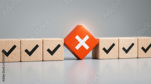 A row of wooden blocks with check marks is interrupted by a red cross symbol for failed verification.