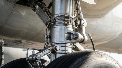Aviation engineering detail showing a metallic aircraft wheel strut assembly and hydraulic system.