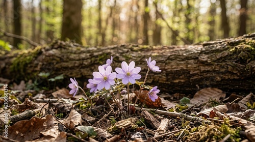 Small purple flowers bloom during the vibrant spring renewal in a conserved forest.