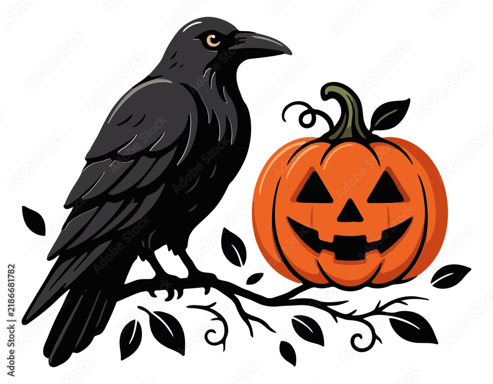 Fototapeta premium Black crow perched on branch with carved pumpkin during spooky autumn night vector illustration