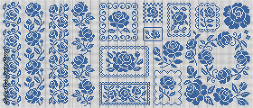 Cross stitch flower pattern set with blue rose, decorative frame and floral border. Vintage handmade embroidery design inspired by traditional needlework and folk ornaments.