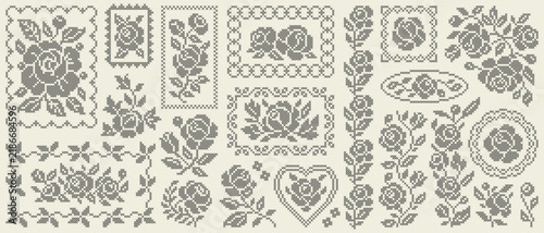 Cross stitch rose embroidery collection with vintage flower bouquets, floral frame and decorative border. Handmade pattern elements for traditional needlework and textile design.