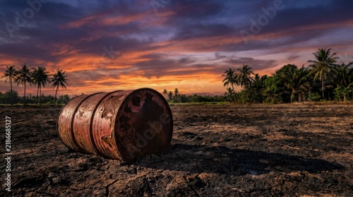 Rusty metal oil drum abandoned on dry cracked earth during a dramatic sunset