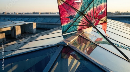 Colorful traditional handcrafted kite lying torn on a modern glass skylight roof at sunset.