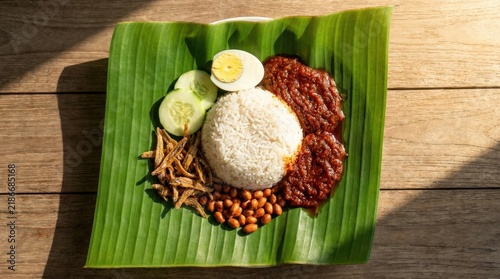 Traditional Malaysian Nasi Lemak on banana leaf with sambal and sides